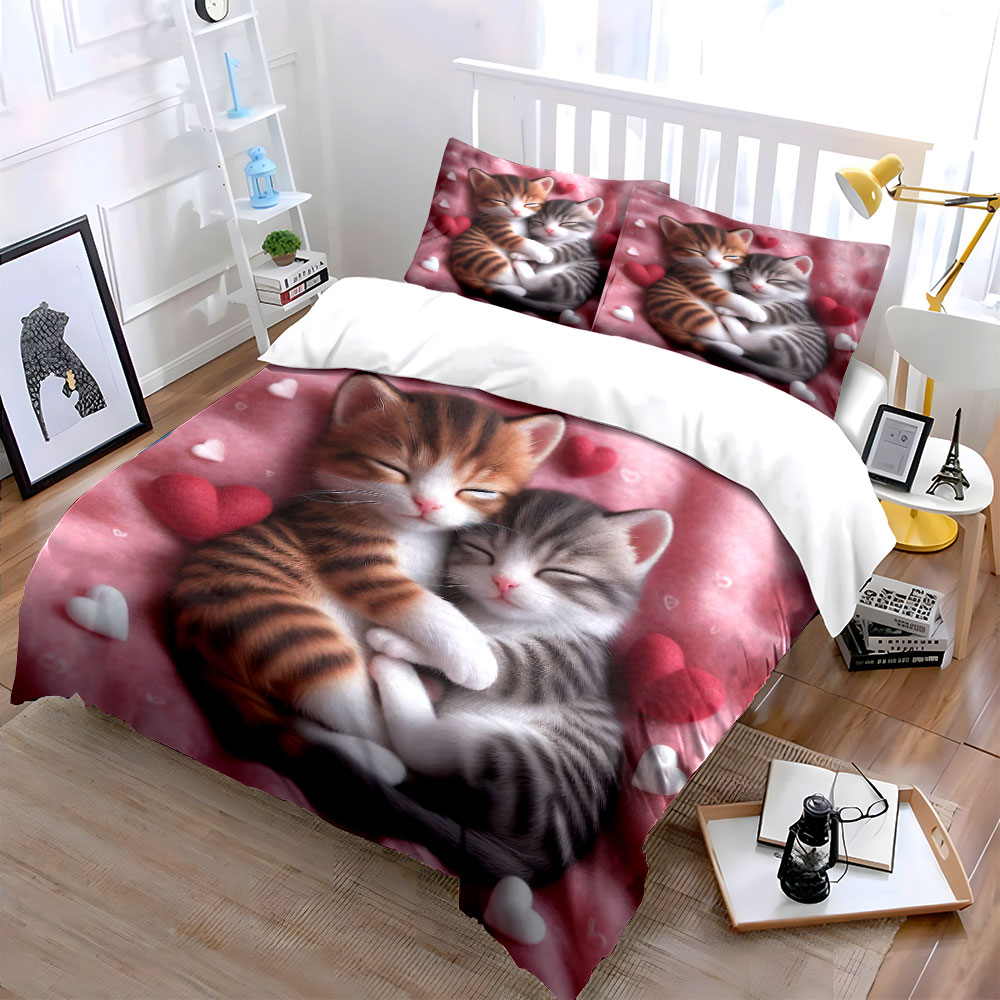 Linen Duvet Cover - Cute Kitten Couple Bedding Set 3PC
