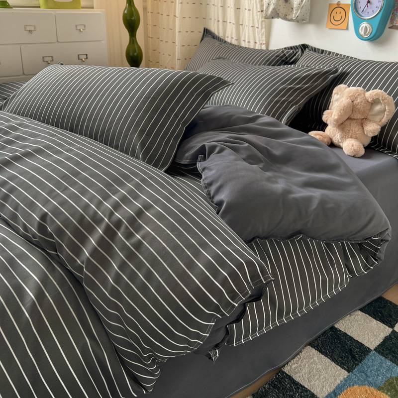 4PCS Grey Striped Bedding Set  - Linen Duvet Cover avis et prix