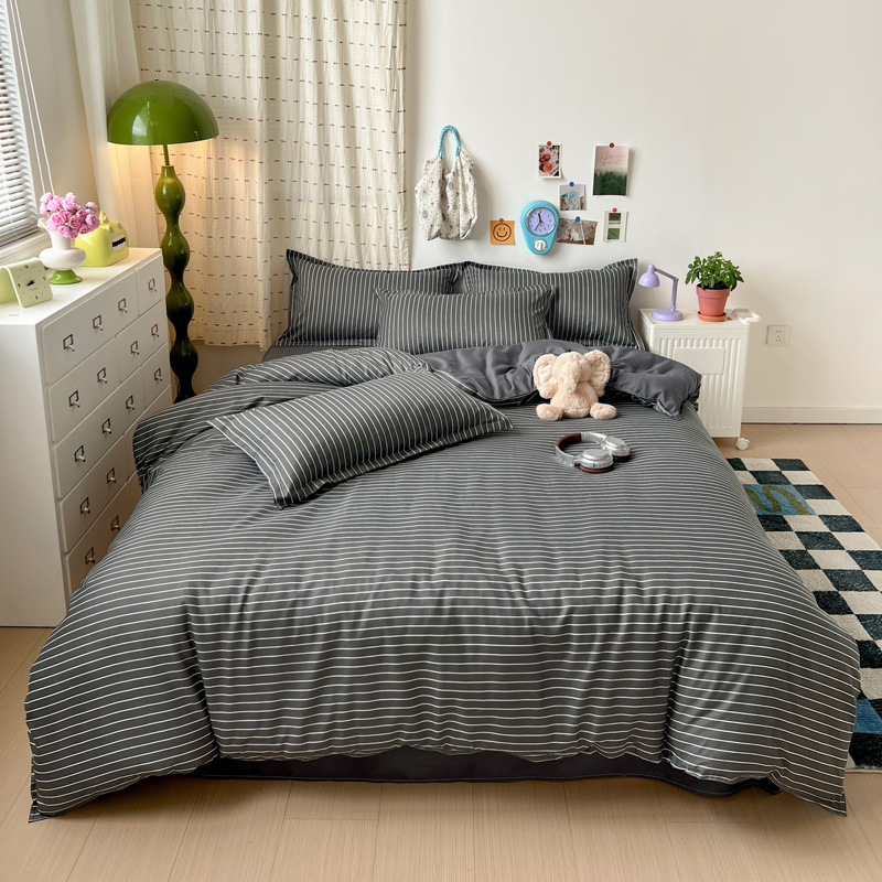 4PCS Grey Striped Bedding Set  - Linen Duvet Cover avis et prix