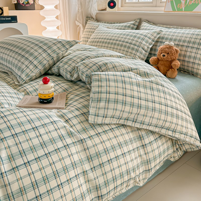 4PCS Green Plaid Bedding Set,  - Linen Duvet Cover avis et prix